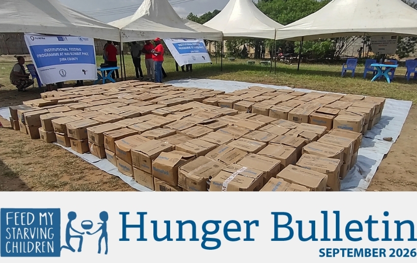 Boxes of FMSC food in South Sudan where there is a hunger crisis