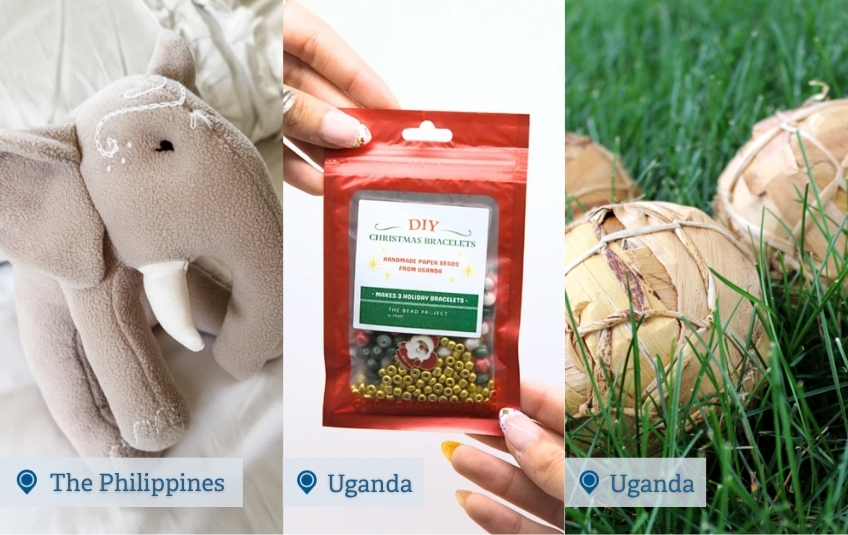plushie elephant stuffed animal and DIY bead bracelet set and soccer ball from Uganda